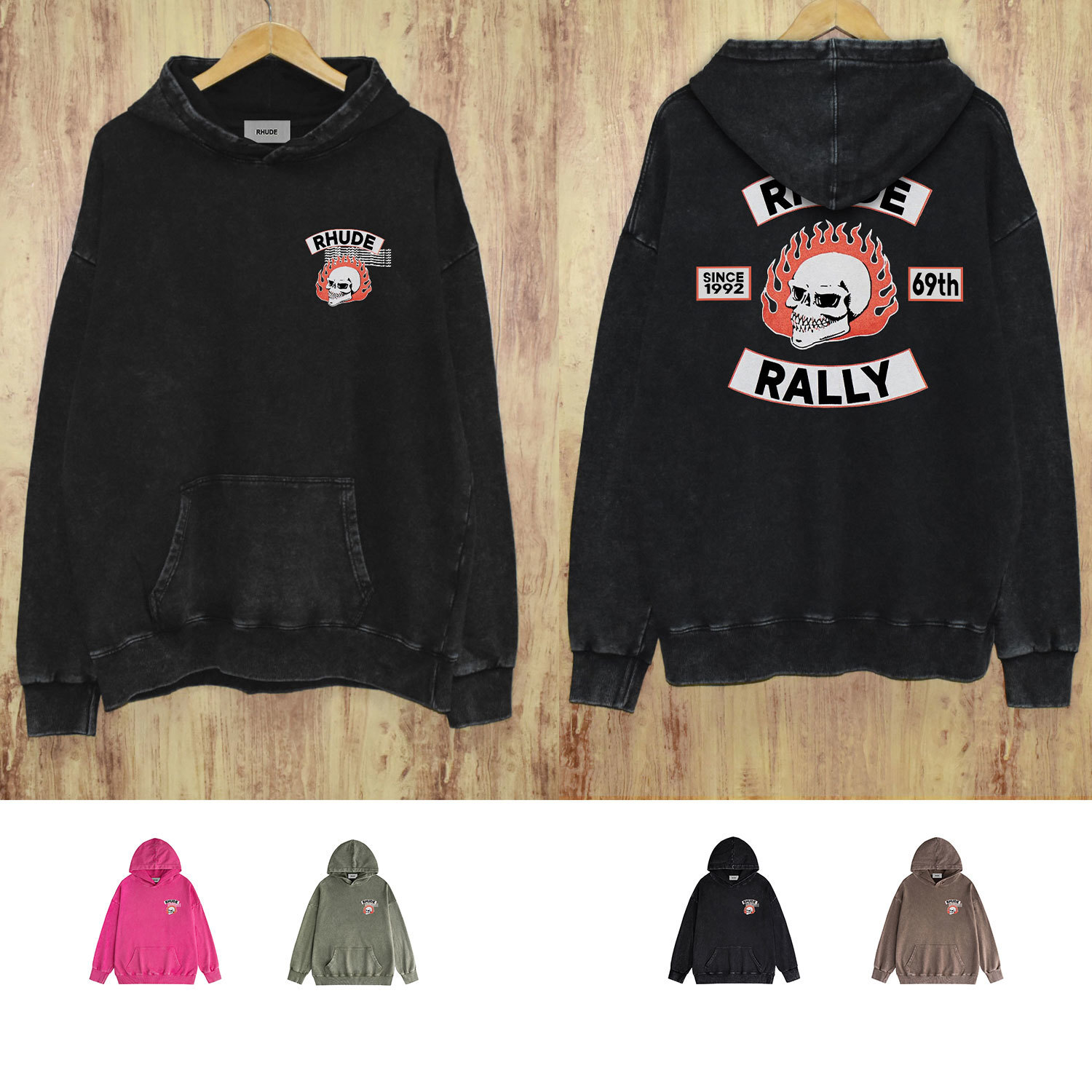 Rhude Black Hoodie with Skull Graphic