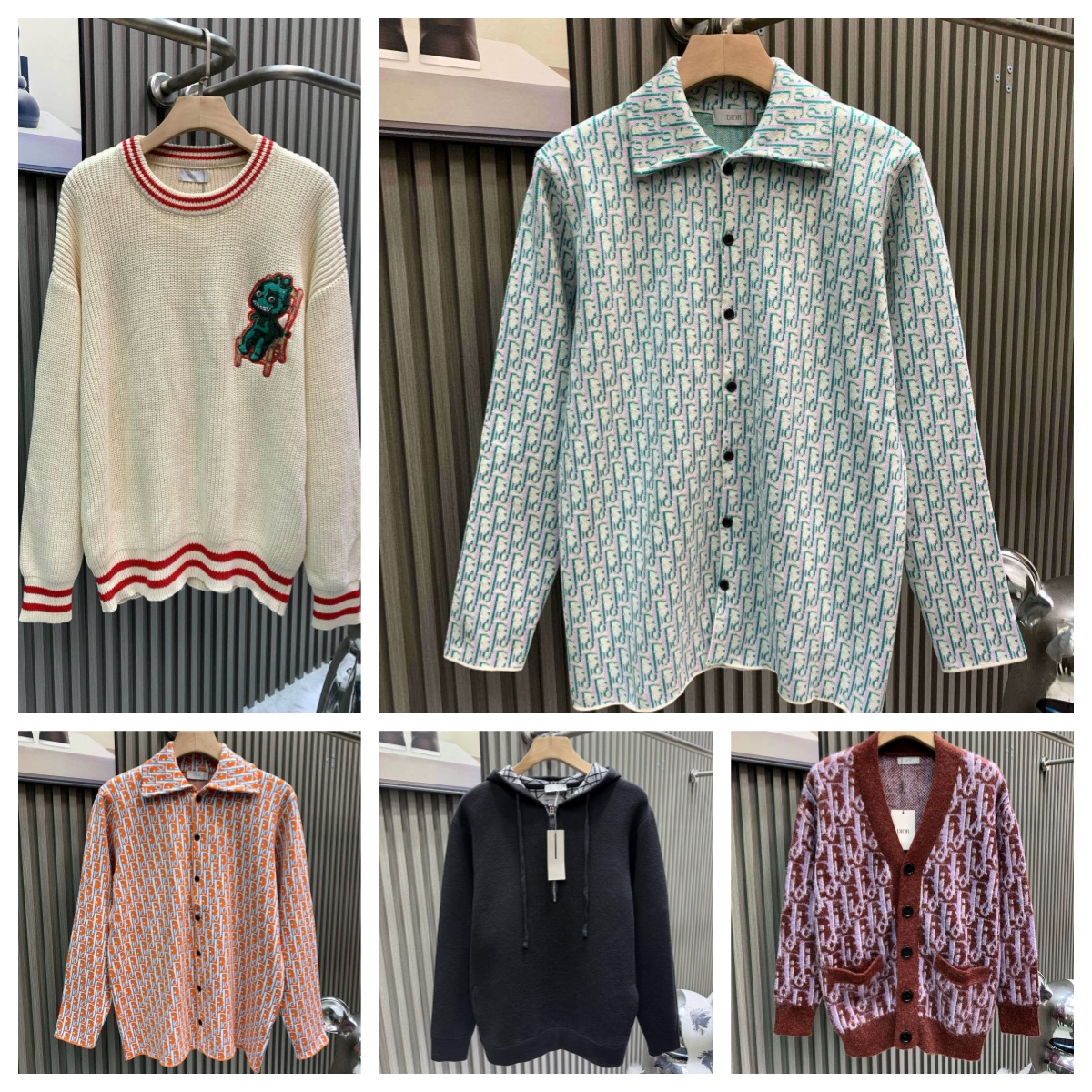 Dior Knit Cardigan, Patterned Button-Up Shirt, Embroidered Sweater, Hoodie, and Cardigan Set